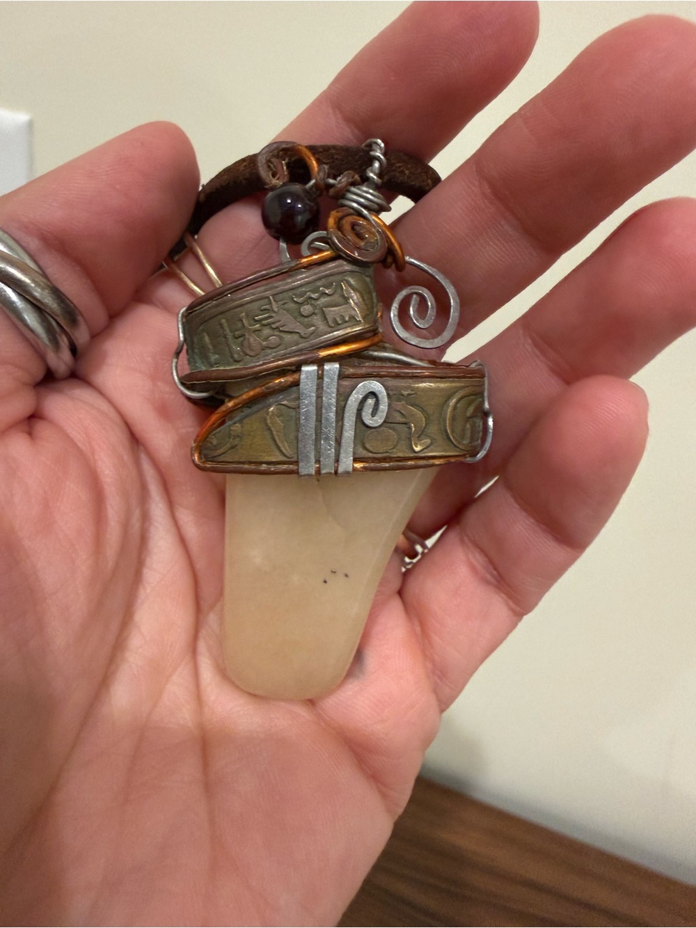 Handcrafted Beige Agate Stone Pendant Necklace with Mixed Metal Accents